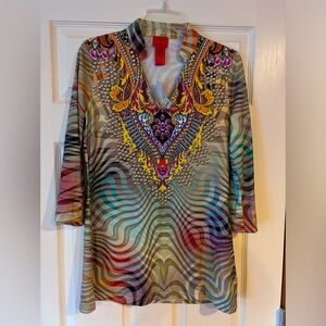 V Christina Womens Medium Blouse Shirt Top Tunic Studded with gold beads
